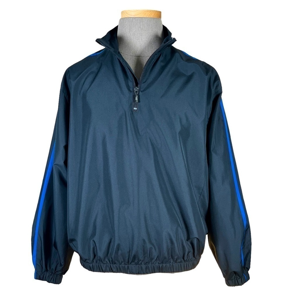 Champions Tour Men’s 1/4 Zip Black Windbreaker With Blue Stripes Medium EUC